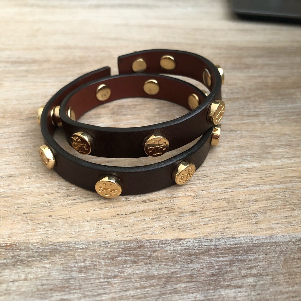 Tory Burch brown leather studded double wrap bracelet